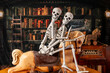 two skeletons riding antique hobby horse with vintage radio and old library background