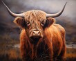 cow long horns standing field scotland furry greeting warmly dutch mascot red head hairstyle defiant painted