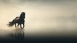  a horse running across a body of water on a foggy day with the sun shining through the clouds behind it.