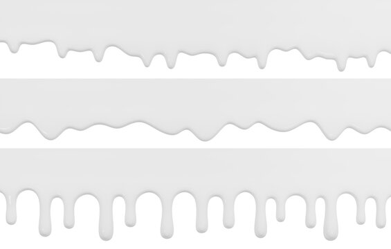 White cream melting and flowing down. Dripping liquid set. 3D rendering.