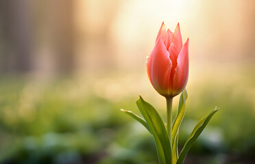 Single tulip flower with red unopened bud growing on flowerbed in early morning in garden. Tulip is bulbous spring-flowering plant of lily family with boldly colored cup-shaped flowers.