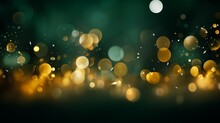 Abstract Golden Yellow And Emerald Green Glitter Lights Bokeh Background With Copy Space