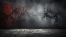 Halloween Background With Scary Scary And Creepy Ghost In Dark Empty Wooden Floor With Fog And Lights. Empty Space.
