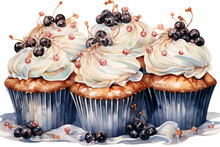 An Illustration Of Five Brown Cupcakes In Blue Liners With Whipped Cream And Purple Currants Berry Decorations On A White Background. Copy Space.