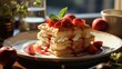  a stack of pancakes sitting on top of a white plate covered in syrup and cherries next to a potted plant.