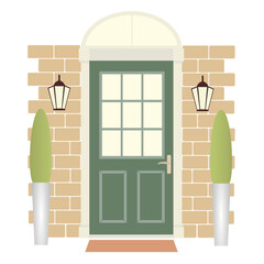 Wall Mural - Green door of brick house on white background