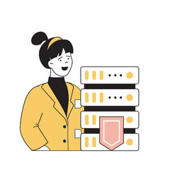 Poster - Insurance service concept with cartoon people in flat design for web. Woman using security system shield for network servers safety. Vector illustration for social media banner, marketing material.