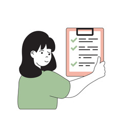 Poster - Insurance service concept with cartoon people in flat design for web. Woman filling inspection checklist for getting safe guarantee. Vector illustration for social media banner, marketing material.