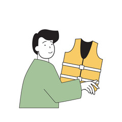 Poster - Insurance service concept with cartoon people in flat design for web. Insured man using life vest for health care and life protection. Vector illustration for social media banner, marketing material.