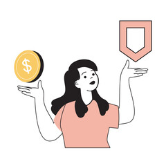 Poster - Insurance service concept with cartoon people in flat design for web. Woman using financial insurance and banking assurance guarantee. Vector illustration for social media banner, marketing material.