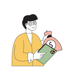 Poster - Insurance service concept with cartoon people in flat design for web. Man using safety banking, money management with deposit protect. Vector illustration for social media banner, marketing material.