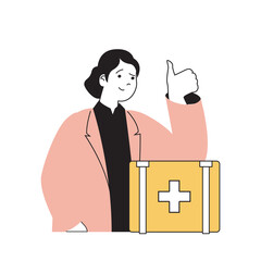 Poster - Insurance service concept with cartoon people in flat design for web. Woman using life insurance and health care protection policy. Vector illustration for social media banner, marketing material.