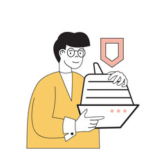 Poster - Insurance service concept with cartoon people in flat design for web. Man uses travel accident insurance for safe cruise ship journey. Vector illustration for social media banner, marketing material.