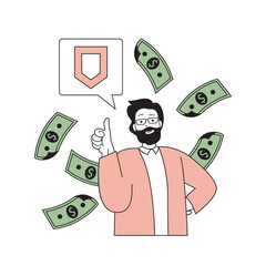 Poster - Insurance service concept with cartoon people in flat design for web. Man using assurance protection for financial transactions. Vector illustration for social media banner, marketing material.