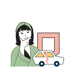 Poster - Insurance service concept with cartoon people in flat design for web. Woman using assurance accident and damage protection for her car. Vector illustration for social media banner, marketing material.