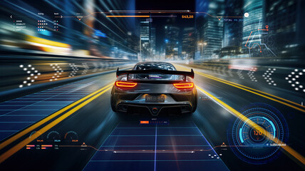 street racing AAA videogame gameplay with information datum design for console or web 3.0 playing to earn gaming crypto tokens and cryptocurrency project future as wide banner UI