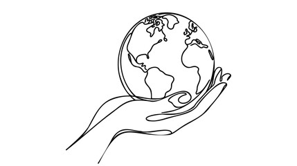 Wall Mural - Single one line drawing of hands hold round earth. Globe icon silhouette for world protect concept.