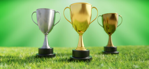 Wall Mural - Gold silver bronze trophy cup with dual handle on grass, blur green background. 3d render