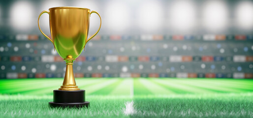 Wall Mural - Gold trophy, dual handle on stadium grass background. Shiny metallic reward. Copy space. 3d render