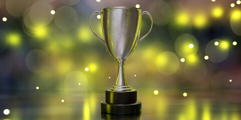 Wall Mural - Silver trophy cup dual handle on bokeh background. A reminder of a specific achievement. 3d render