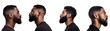 Set of stylish black man with beard: business black man at barber shop, side view, Isolated on Transparent Background, PNG