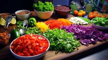 Wall Mural - Colorful salad preparation. Bright colors of vegetables cut and prepared for salad