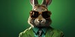 Stylish and fashionable hare or rabbit in a business suit on a green background, Generative AI