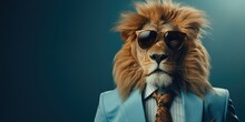 Stylish Lion In An Elegant Business Suit On A Blue Background. Generative AI