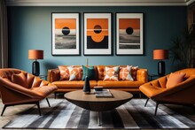 A Living Room With Orange Furniture And Framed Pictures