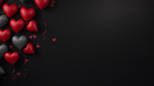 Valentine's Day Theme Bunch Of 3d Red And Black Hearts On The Top Left Of Empty Black Background Wallpaper