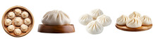 Set Of Baozi Dumpling, Xiao Long Bao Chinese Dumpling In Top And Side Perspective, Isolated On Transparent Background, PNG