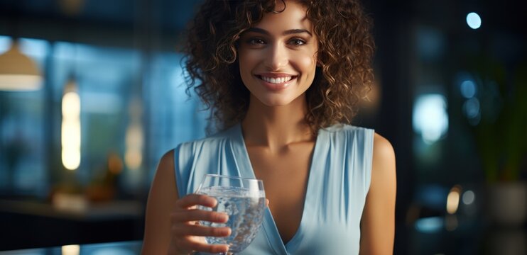 a young woman holding a glass of water