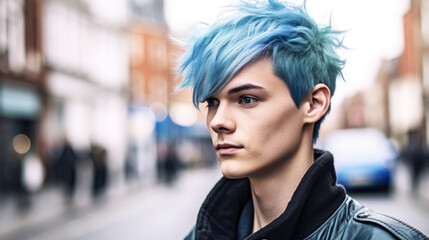 Wall Mural - Portrait of a young man with blue hair in the city. Concept of fashionable haircut and hairdressing salon