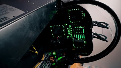 Wall Mural - vertical video close-up of the cockpit of a military plane with many buttons on the control panel of an airplane flight simulator