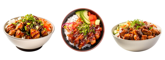 Set of Bowls Showcasing Delicious Rice, Chicken, and Vegetables, Displayed from Side and Top Perspectives, Isolated on Transparent Background, PNG