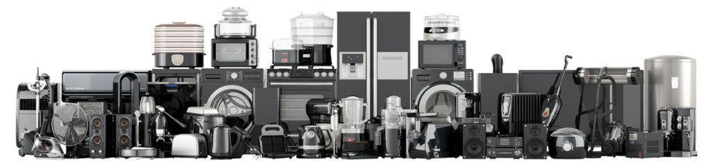 Poster - Black kitchen and household appliances, 3D rendering isolated on transparent background