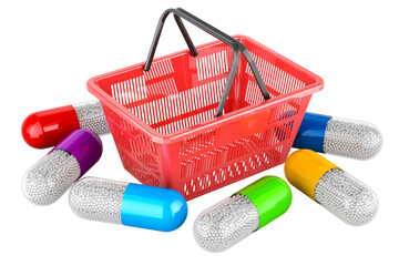 Poster - Shopping basket with medicament capsules, 3D rendering isolated on transparent background