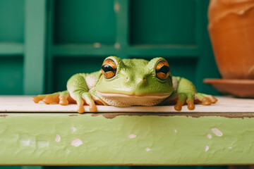 A green tree frog with large eyes sits on a lime green ledge against a green background.