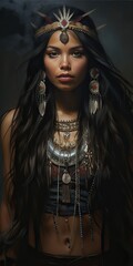 Wall Mural - Portrait of a beautiful Indian American woman in ethnic costume. Boho style.