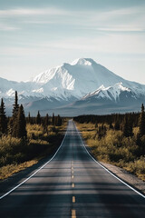 Wall Mural - A scenic view of a straight road leading towards a majestic snow-capped mountain, surrounded by lush greenery under a clear sky, ai generative