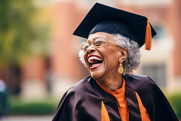 A black old woman in a graduation cap and gown is facing away from the camera against a blurred background of a building. The cap has an orange tassel and the gown has orange accents, ai generative