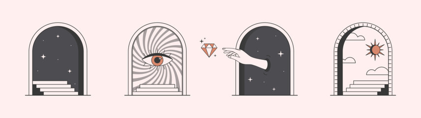 Wall Mural - Vector mystic logo design templates with portals,steps,eye,hand reaches for a gem,sun and moon.Surreal abstract illustrations in trendy minimal outline style.Magical emblems.Branding design templates.
