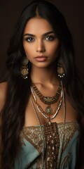 Wall Mural - Portrait of a beautiful young brunette woman with oriental jewelry. Indian woman.