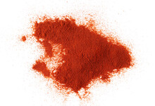 Pile Of Red Paprika Powder Scattered Isolated On White, Top View
