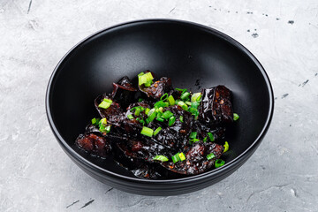 Sticker - Braised eggplants in soy sauce with green onions, fresh snack.