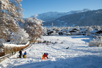 Sticker - wintertime in small german village covered with snow Garmish-Partenkirchen