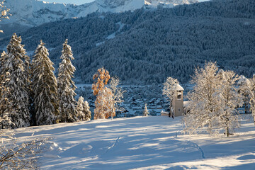 Sticker - winter mountain landscape in the Alps with snow covered fir trees