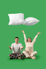 Poster - Young couple throwing pillows on green background