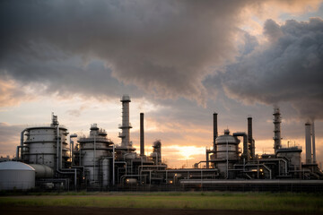 Industrial petrochemical power plant with smoking chimneys at sunset. Industrial background, oil and gas refinery at twilight.