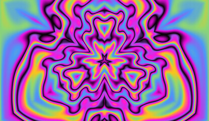 Poster - Vibrant kaleidoscopic geometric hypnotic background in neon psychedelic acidic hues.